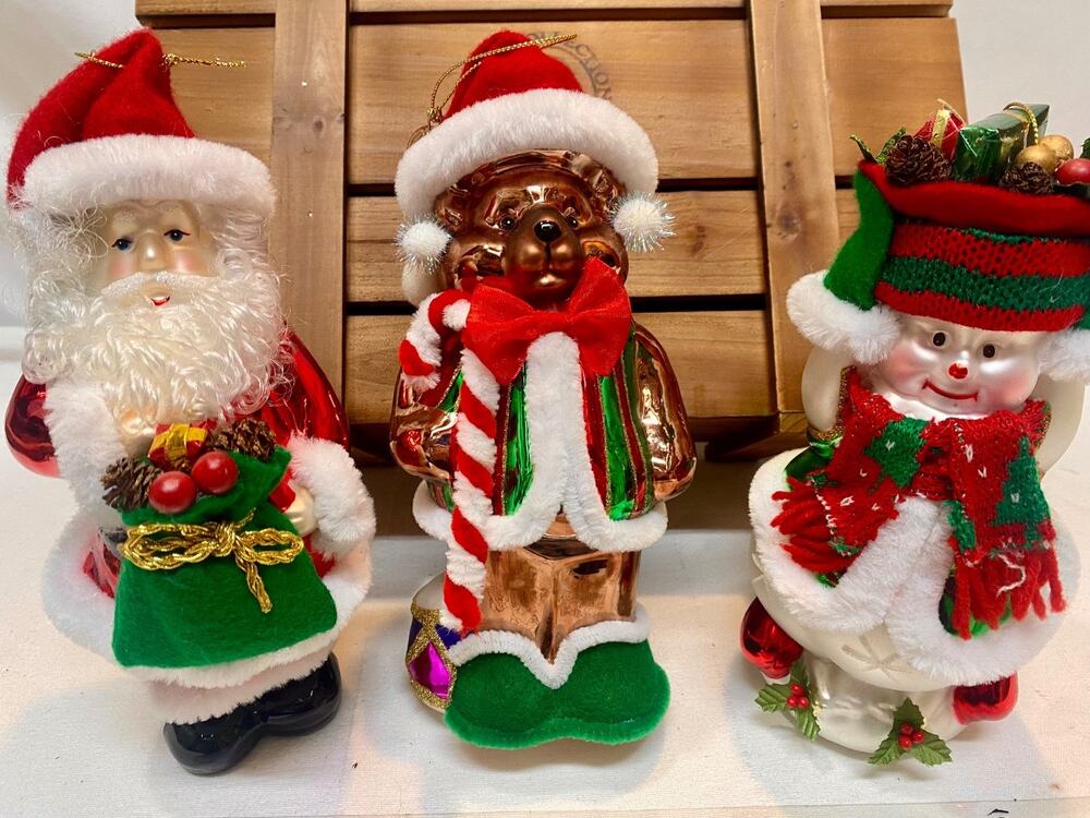 2003 Christmas Ornaments Wood Box Thomas Pacconi Teddy Bear Santa Snowman Glass